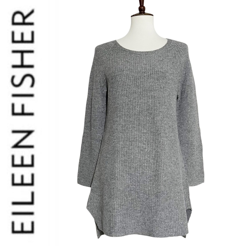 Eileen Fisher Wool Yak Blend Ribbed Knit Tunic Sweater Grey XS Long Sleeve